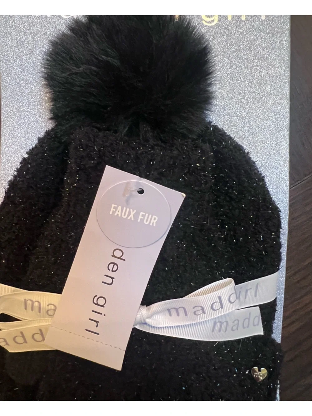 Madden Girl Black Sparkle Pom Beanie & Mitten Set